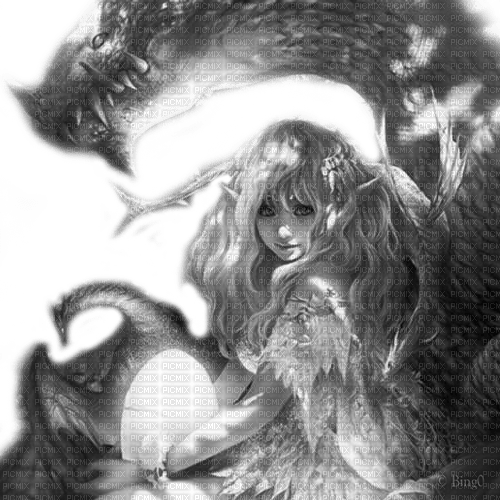 Y.A.M._Fantasy anime girl dragons black-white - gratis png