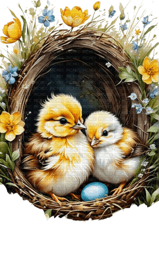 Spring, Easter, bird, chicken, flowers. Leila - Free PNG