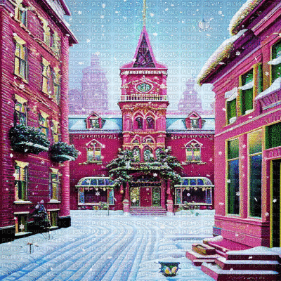 Snowing Pink Town Street - Gratis animerad GIF