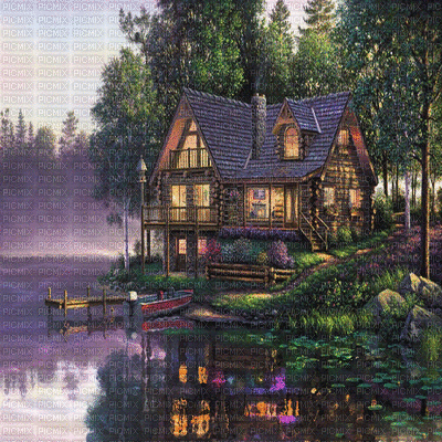 house haus maison spring printemps garden jardin  building paysage landscape gif anime animated animation image fond background pond teich etang lake lac see water eau - Free animated GIF