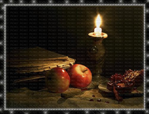 Kerze, Buch, Äpfel - Gratis animeret GIF