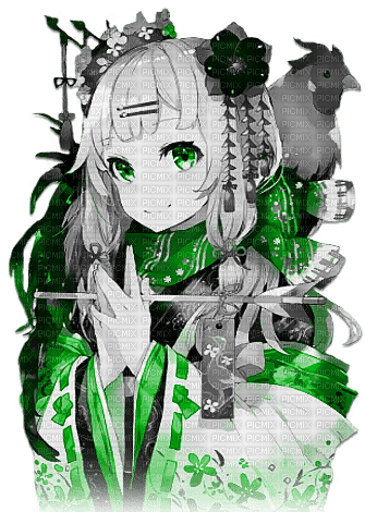 soave anime girl oriental geisha black white green - darmowe png