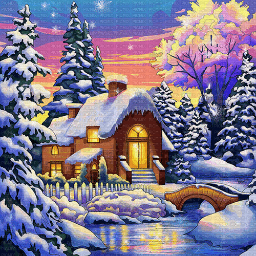 winter house river landscape paysage - Безплатен анимиран GIF