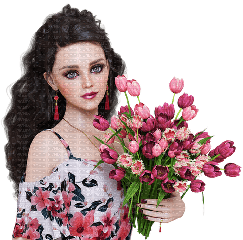 Woman with tulips. Spring. Easter. Leila - δωρεάν png