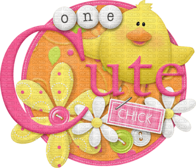 Kaz_Creations Easter Deco Tag Label Text One Cute Chick Circle Colours - ücretsiz png