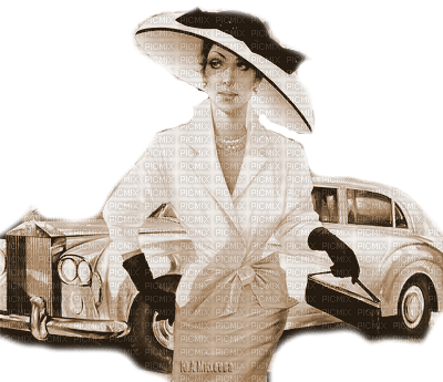 Y.A.M._Vintage retro Lady car sepia - gratis png