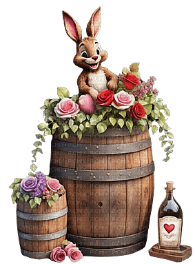 Conejo en barril de flores - png gratuito