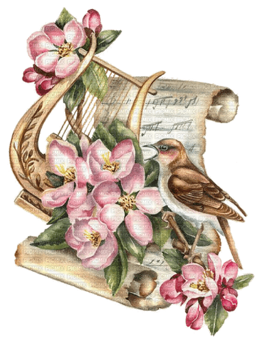 Vogel, Harfe, Frühling, Blüten - zdarma png