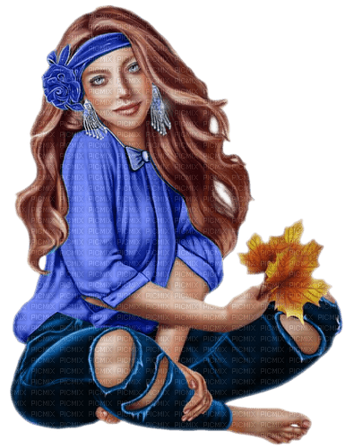 Woman in Blue with Autumn Leaves - 無料png