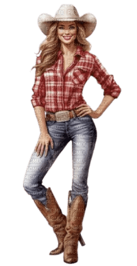 Cowgirl with red and white shirt, jeans and hat - png ฟรี