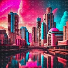 neon pink blue city background - Free PNG