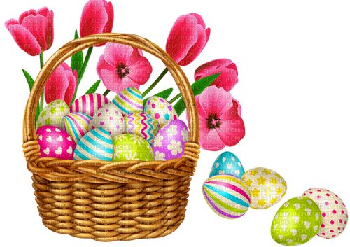 Easter.Basket.Eggs.Tulips.Pink.Purple.Green.Blue - Free PNG