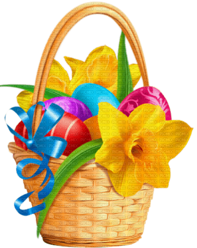 Basket.Eggs.Daffodils.Yellow.Red.Pink.Blue.Purple - 免费PNG