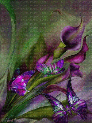 Purple Flowers and Butterflies - Безплатен анимиран GIF