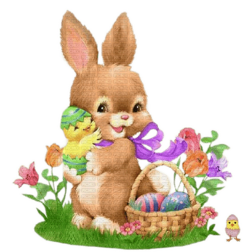 Ostern, Hase, Küken, Eier, Blumen - gratis png
