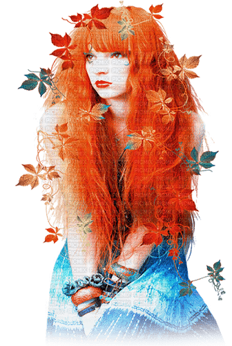 soave woman autumn leaves fashion blue orange - 免费PNG