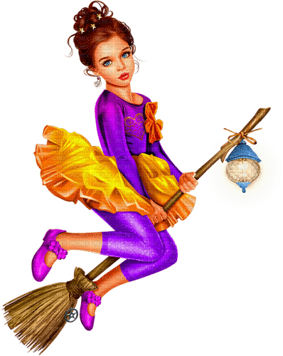 Girl.Witch.Child.Broom.Halloween.Purple.Orange - nemokama png