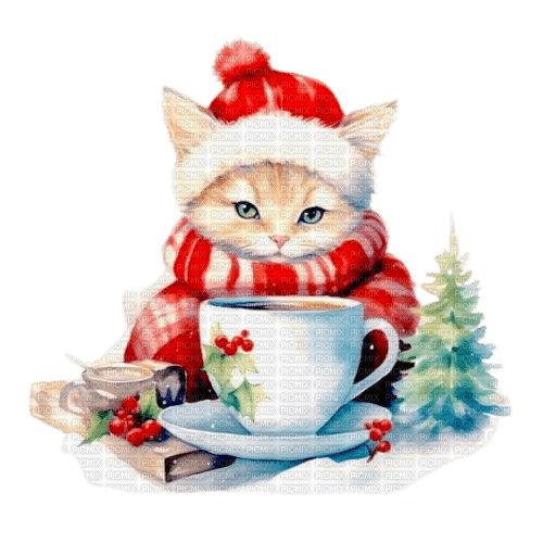 Winter cat and Mug - png ฟรี