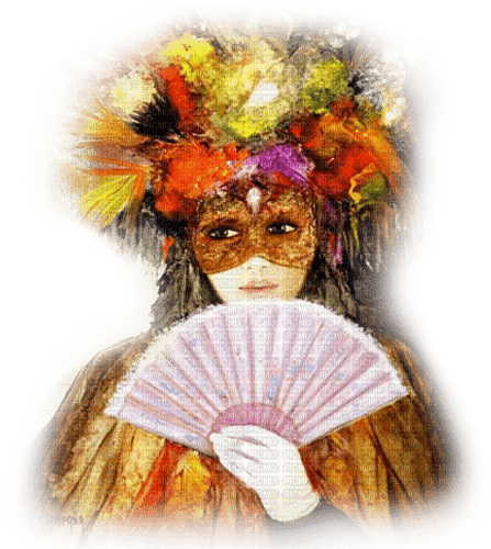 soave woman carnival mask vintage fan painting - Free PNG