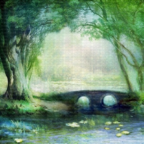 green forest background painting bridge - Free PNG