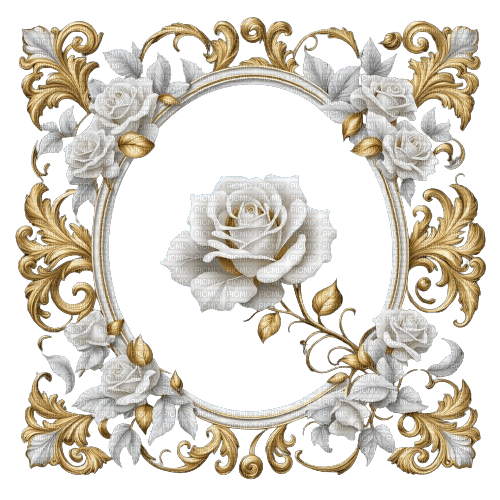 Gold white roses baroque frame Rox - ilmainen png