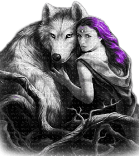 soave woman gothic fantasy wolf black white purple - png gratuito