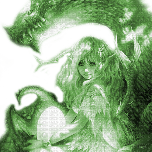 Y.A.M._Fantasy anime girl dragons green - png ฟรี