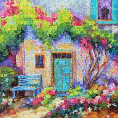 soave background animated vintage house garden rainbow - Gratis animerad GIF