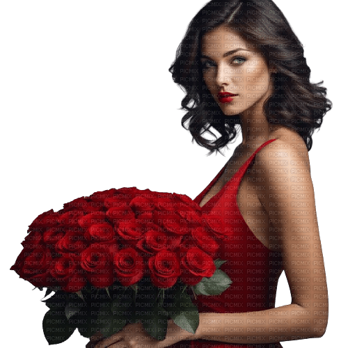 Femme avec un bouquet de roses - gratis png