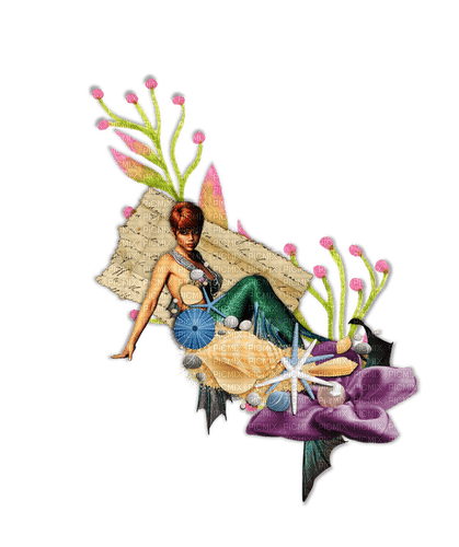 Fantasy Mermaid tag flowers seashells - png ฟรี