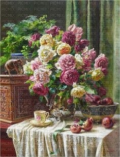 Roses in a Vase on a Table with Teacup and Fruit - gratis png