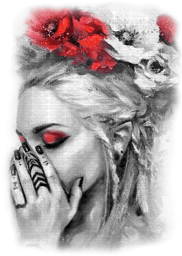 soave woman face flowers sad black white red - Free PNG