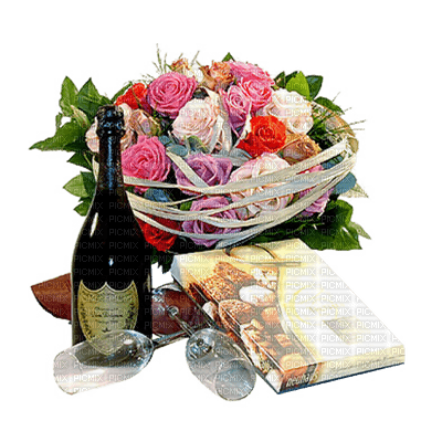 valentine-champagne-flaska-glas-blommor-deco-minou52 - png gratis