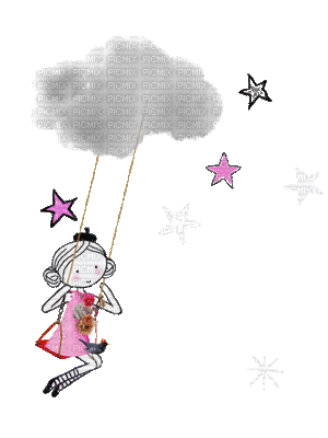 girl enfant child children kind  gif deco tube  anime animated clouds stars swing heaven sky pink cartoon - GIF เคลื่อนไหวฟรี