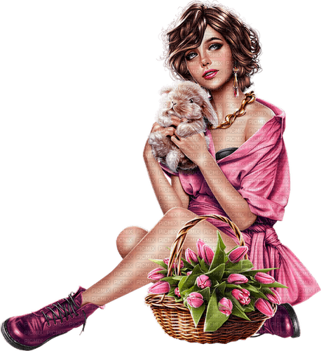 Woman. Easter. Tulips. Rabbit. Leila - 免费PNG
