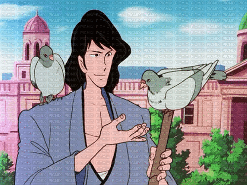 goemon ishikawa with some pigeons - Free animated GIF