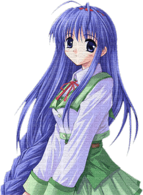 Manga fille aux cheveux bleus et robe blanche et verte (stamp clem27) - 無料のアニメーション GIF