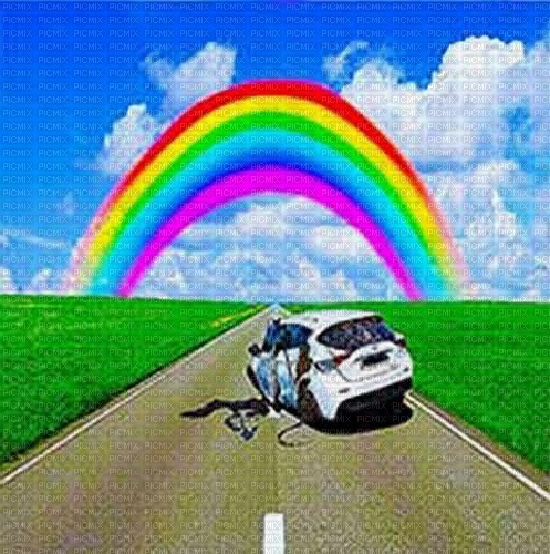 surreal rainbow car crash background - Free PNG
