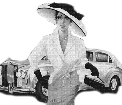 Y.A.M._Vintage retro Lady car  black-white - zdarma png
