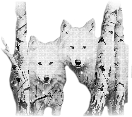 soave winter animals wolf tree deco  black white - 免费PNG