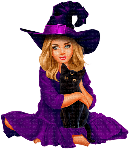 Girl.Witch.Child.Cat.Halloween.Purple.Black - nemokama png