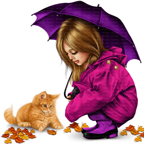 Girl, cat, umbrella. Fall. Autumn. Leila - Free PNG