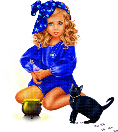 Girl.Witch.Magic.Halloween.Cat.Child.Blue.Black - zdarma png