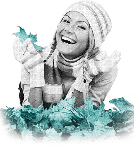 soave woman autumn leaves smile black white - Free PNG