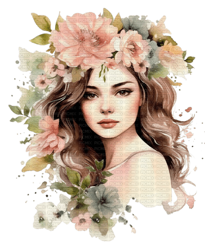 woman painting pink green flowers - png ฟรี