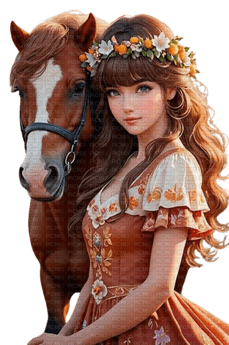 woman horse brown flowers - фрее пнг