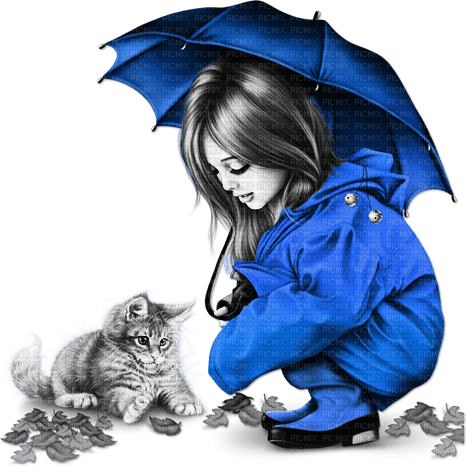 soave children girl autumn rain friends cat - Free PNG