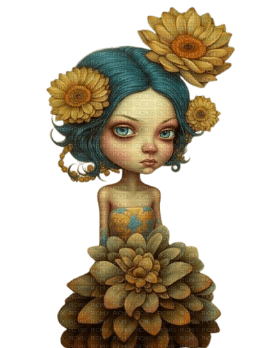 surreal art girl sunflowers yellow blue - 免费PNG