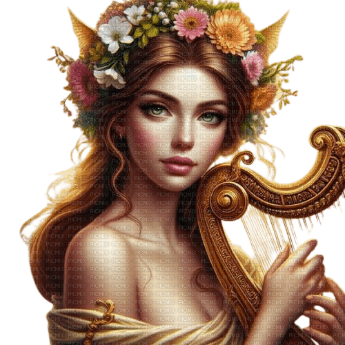 fantasy woman harp gold flowers - png ฟรี