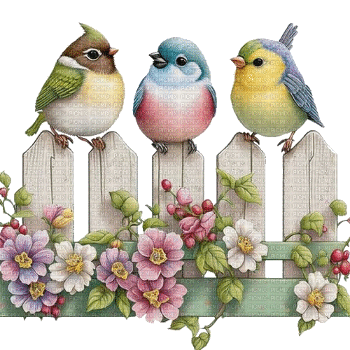 fence, birds, spring, clôture, oiseaux, printemps - GIF animado gratis